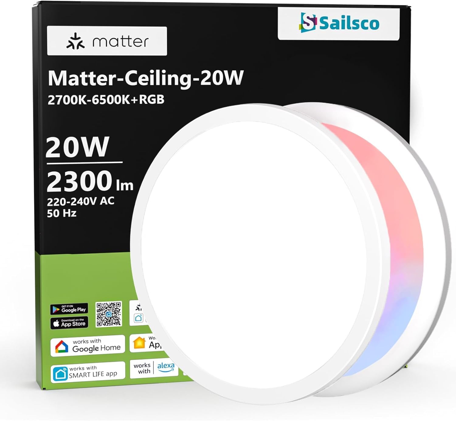 sailsco Plafoniera LED da 20 W, Smart Plafoniera LED RGB dimmerabile, sincronizzata con la musica, controllo tramite applicazione e compatibilità con Matter/HomeKit/Alexa/Google Home-Round