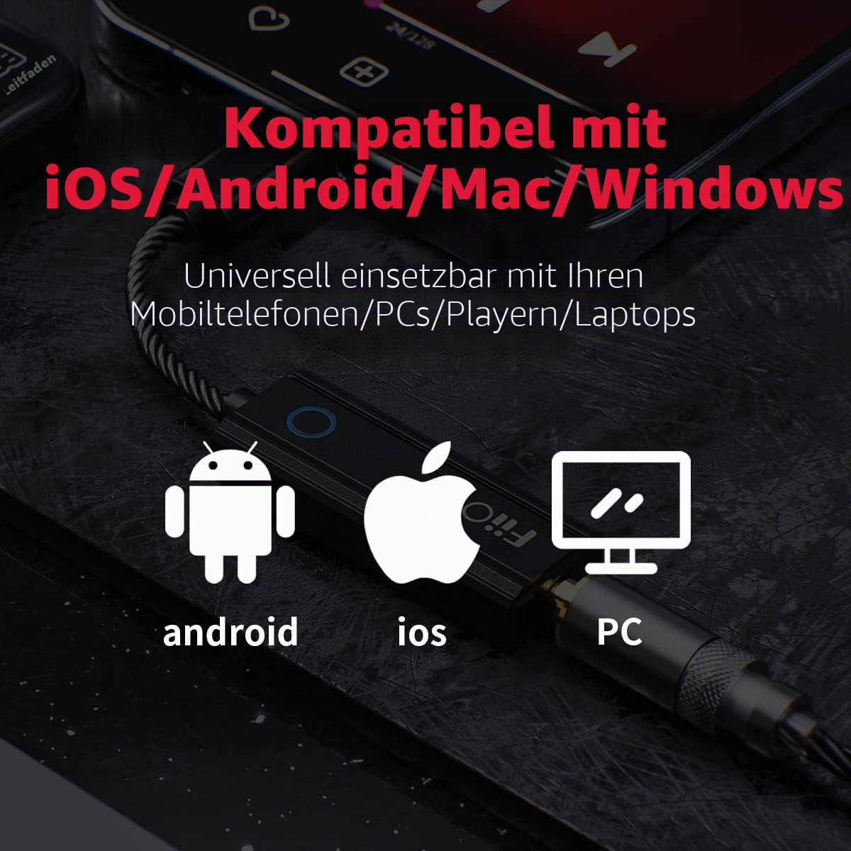 FiiO JadeAudio KA1 Kopfhörer-Verstärker, winziger USB-DAC, hohe Auflösung, 3,5 mm, verlustfrei, für Smartphones/PC/Laptops/Player (Typ C, schwarz)
