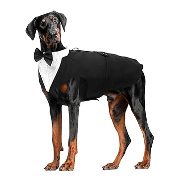 Dogs Formal Tuxedo Suit with Tails Large Dog Wedding Costume Party Jacket Outfit, Detachable Black BowTie Bandana, Gentleman Pet Apparel Shirt with Button Birthday Halloween Classic Collection Clothes