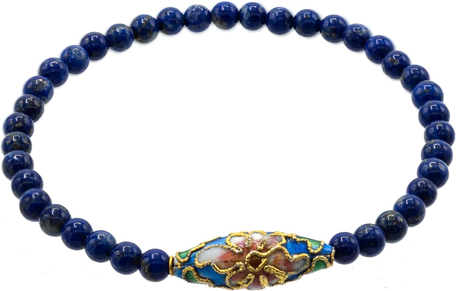 LTC Designs 4mm Smooth Round Lapis Lazuli Stretch Bracelet with an Oval Blue Cloisonné Centerpiece, 6.5" for Women, Men, and Young Adults