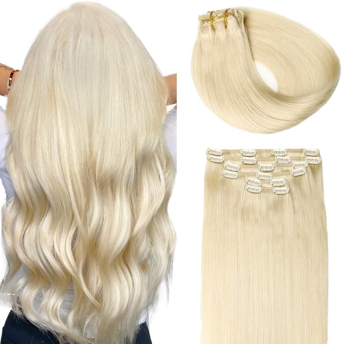 SURNEL Extensiones Clip Pelo Natural 100g 40cm 6 Piezas Rubio Platino Claro Extensiones De Clip De Humano Real Extensiones Pelo Remy Natural (C#60-40cm) — view 36