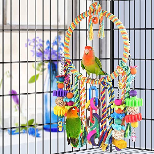 Image of Bird Parrot Toys, Bird Perch with Colorful Chewing Toys, Bird Perch Swing Toy with Colorful Cotton Ropes and Chewing Balls for Lovebirds, Finches, Parakeets, Small Birds