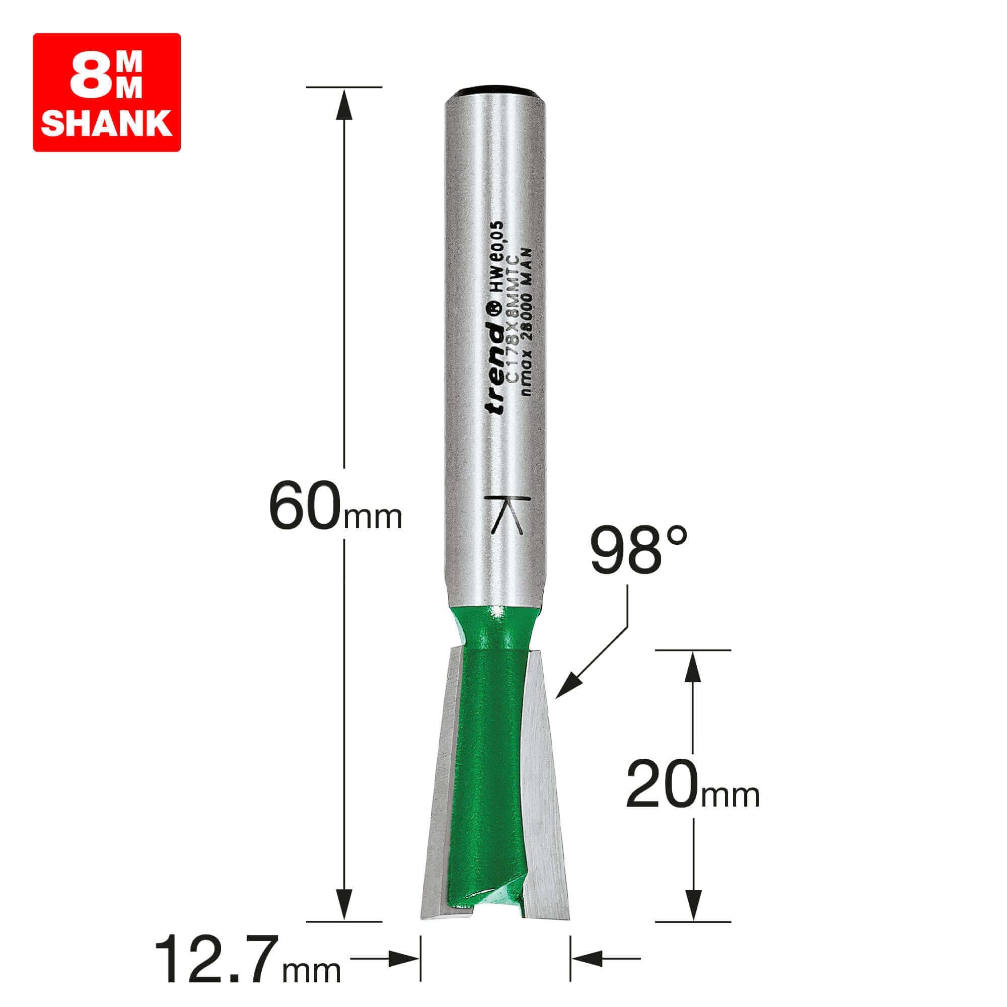Trend Fresa de cola de milano, corte de 12,7 mm x 98 grados x 20 mm, C178X8MMTC