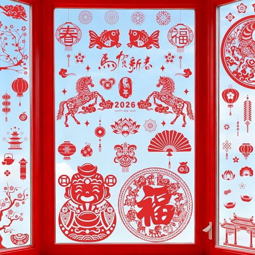 Image of 9 Sheets Chinese New Year Window Clings, Horse Year Decor for Window, 2026 Lunar New Year Decorations, Red Spring Festival Decals Double-Sided Stickers for Festival Family Gathering Door Wall Decor