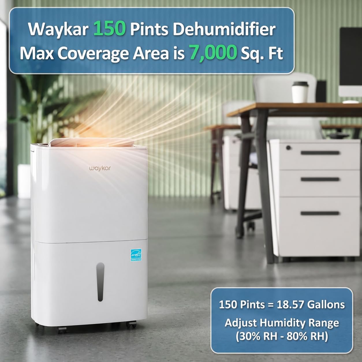 Waykar Energy Star osuszacz powietrza 150 litrów, do pomieszczeń o powierzchni do 7000 stóp kwadratowych, duży pokój komercyjny i przemysłowy, magazyn, magazyn, dom, piwnica, sypialnia z wężem
