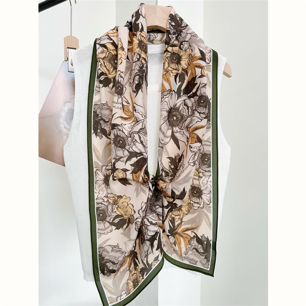 Soie Crêpe De Chine Floral Vert Foncé Bord Écharpes for Femmes Écharpes Longues Polyvalentes Petites Écharpes Longues
