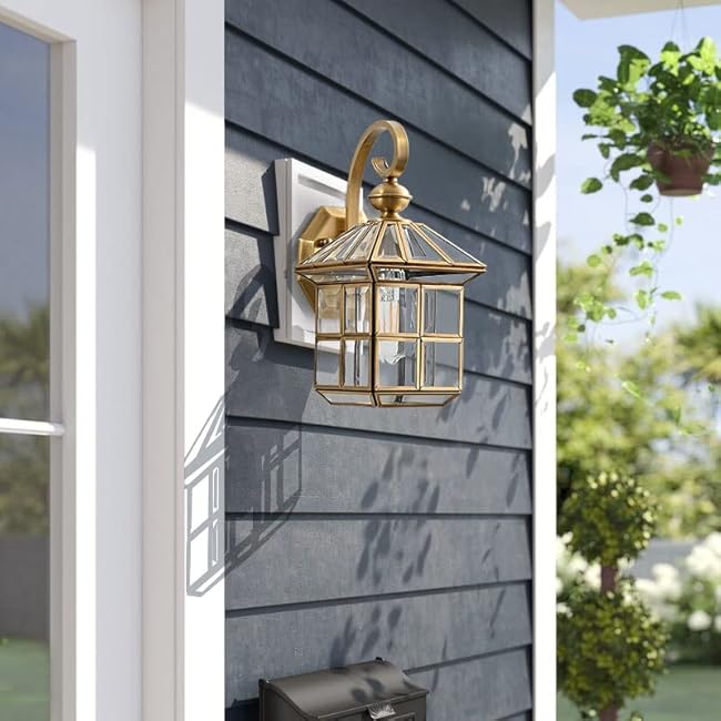 Milaii Copper Brass Outdoor Wall Lights,13.4 Exterior Lantern Light Fixture Waterproof Anti-Rust Wall Mount Lamp with Clear Glass E26 Socket Porch Light for Garage Entryway Patio Balcony