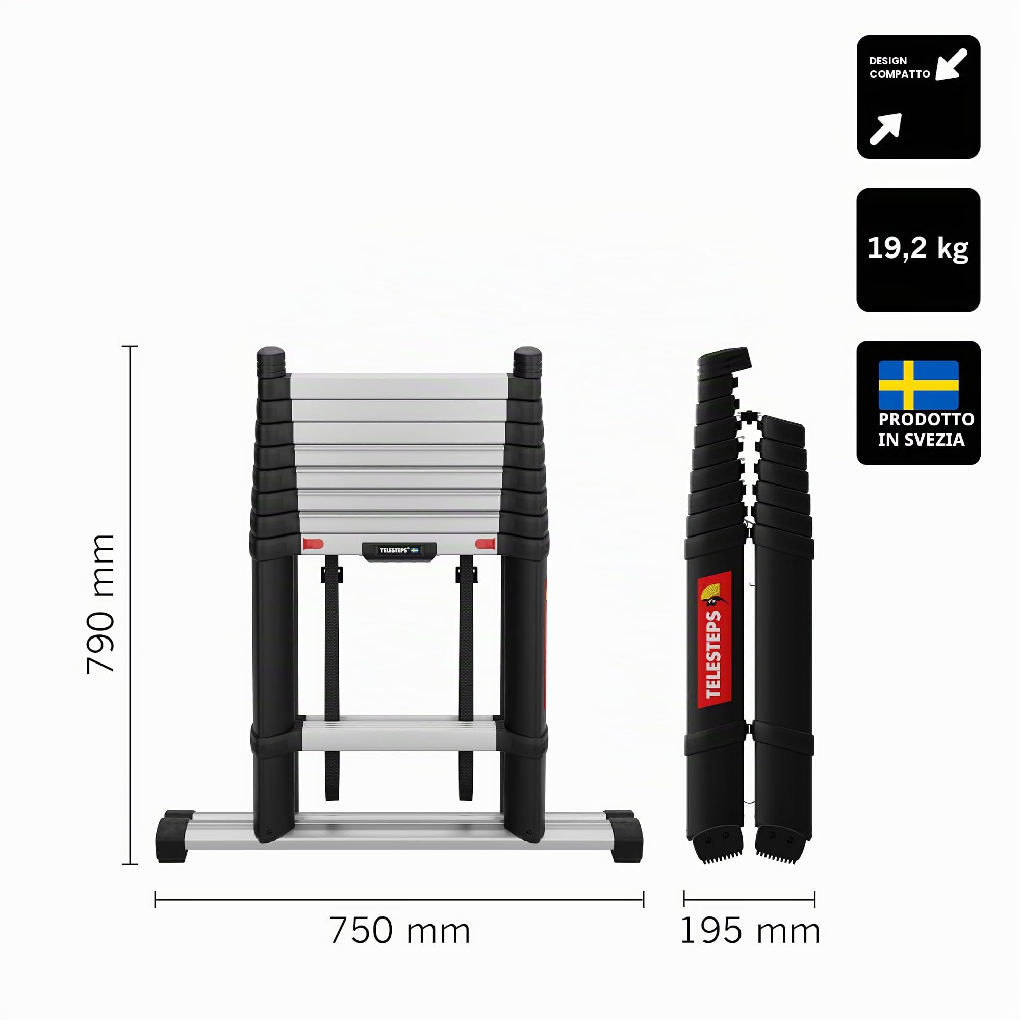 Scala telescopica 3 m con funzone 3-in-1 di TELESTEPS I Made in Sweden I Combi Line I Scala a cavalletto multifunzione con design premium brevettato I Profilo antiscivolo I EN 131 I 72430-681