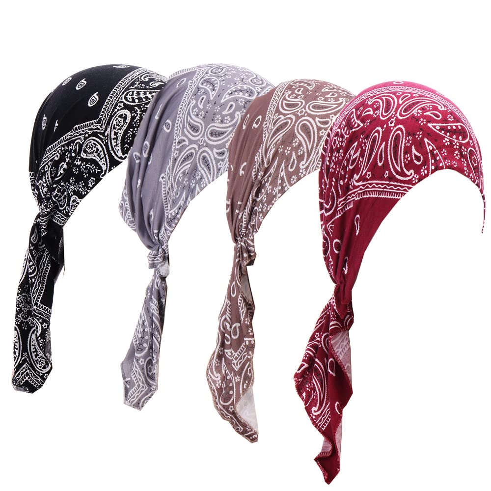 JDYaoYing 4 Pack Headwear Turban Pre-Tied Head Scarves Beanie Head Scarf Covers Cap Turbans for Women