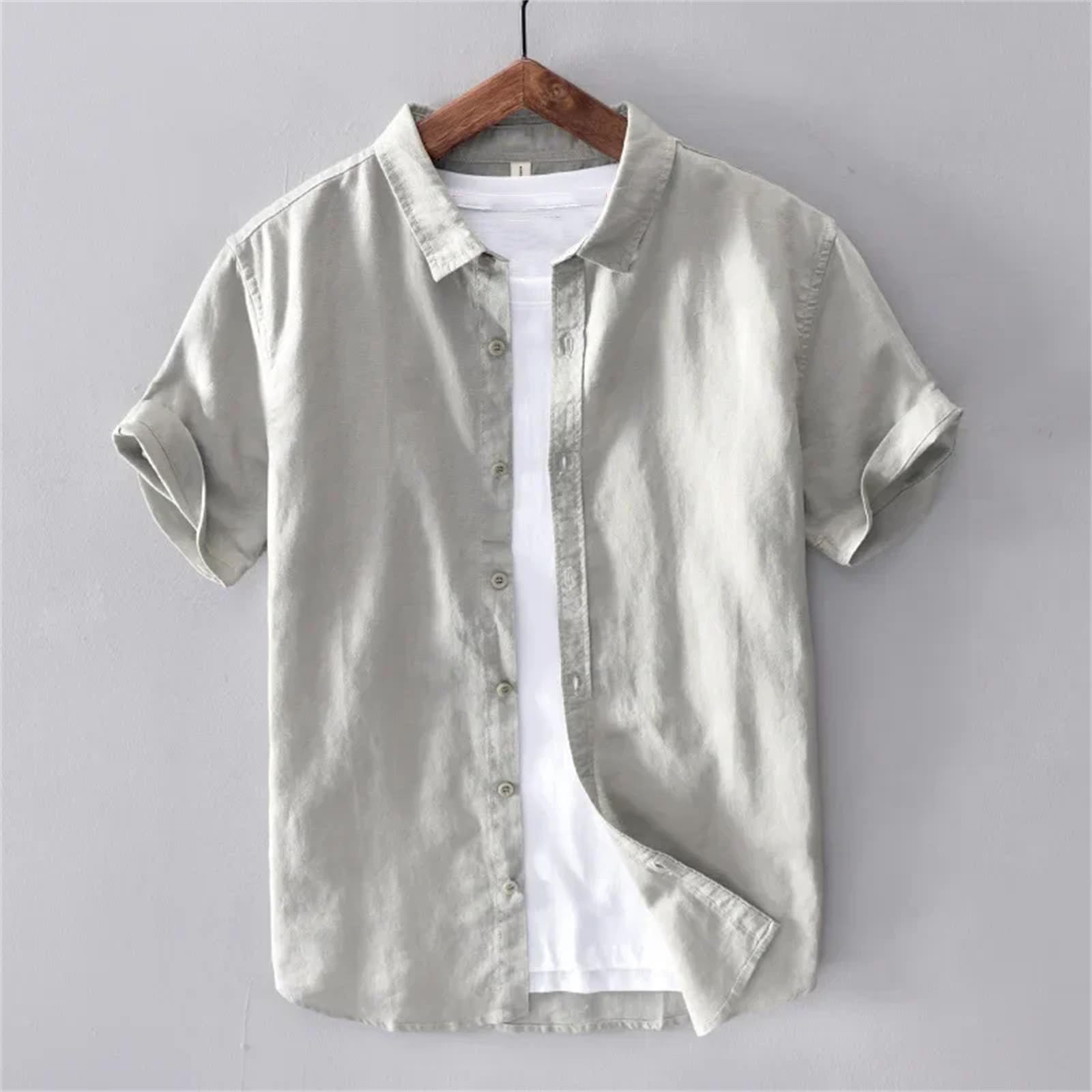 Camicie a maniche corte in lino di cotone per gli uomini casual moda gialla girare giù collare top