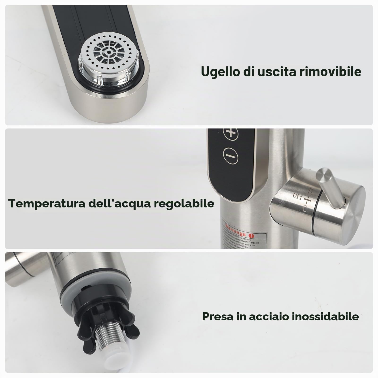 Rubinetto elettrico con scaldabagno, temperatura regolabile da 30 a 55 °C, 230 V, in acciaio inox, per cucina