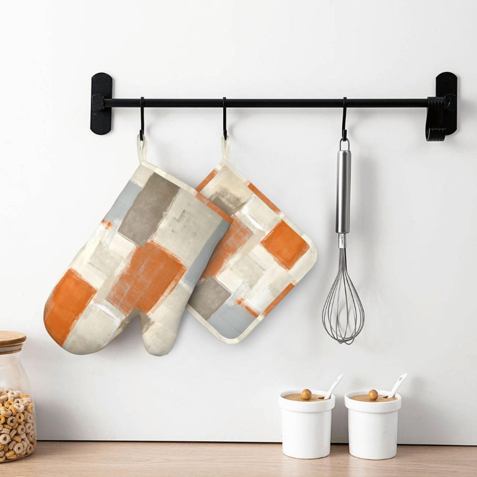 Juego de 2 manoplas de horno y soportes para ollas de pintura abstracta beige y naranja, resistentes al calor, guantes antideslizantes, decoración de cocina para barbacoa, cocinar, asar a la parrilla, 8