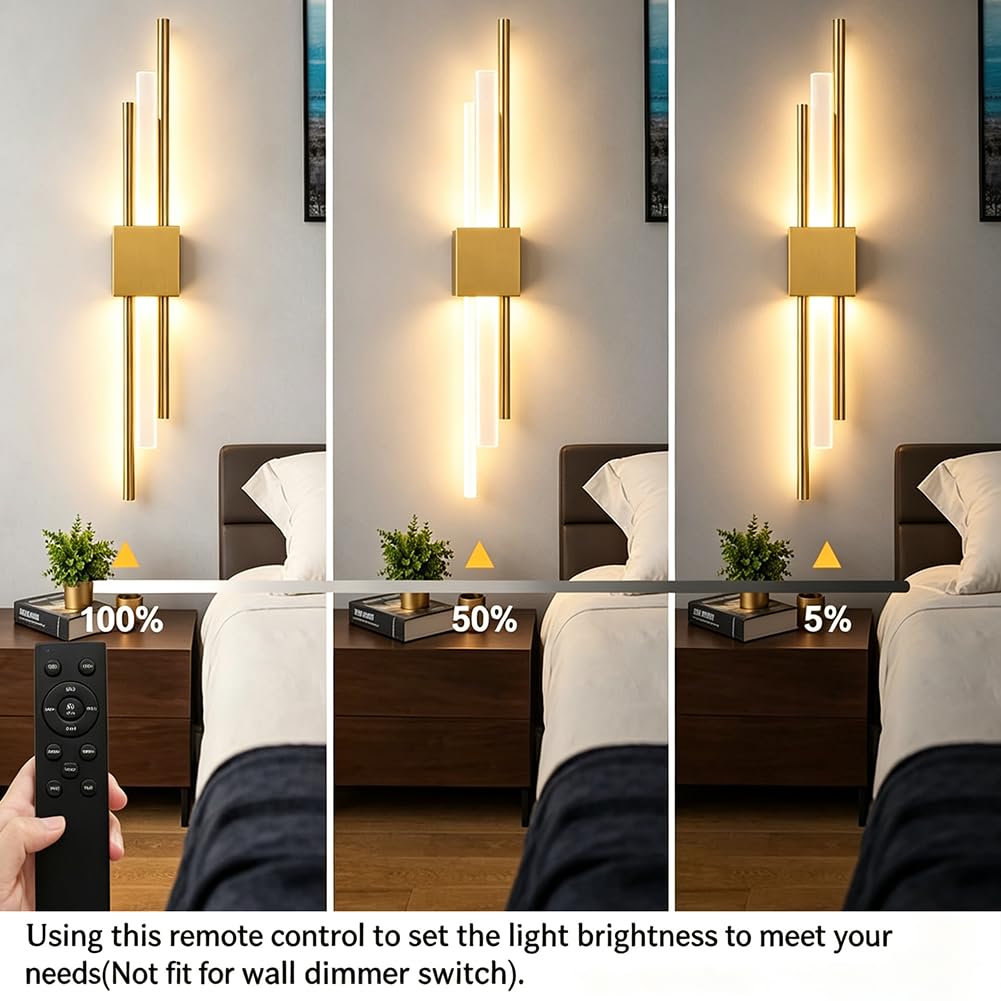 Aplique LED Inalámbrico para Interior Aplique Dorado sin Conexión Eléctrica Alimentado por Batería Recargable Iluminación de Pared Regulable con Mando a Distancia e Interruptor Táctil,L