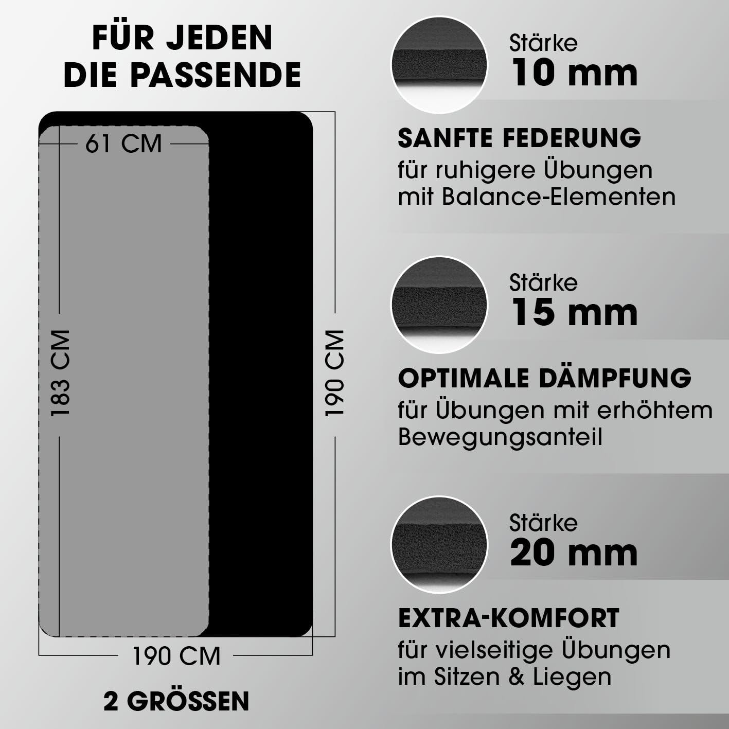 #DoYourFitness Fitnessmatte rutschfest | 183x61cm oder XXL 190x100cm | 0,8-2cm hoch | Gelenkschonende Gymnastikmatte | Yogamatte | Einsteiger und Fortgeschrittene | Indoor/Outdoor geeignet