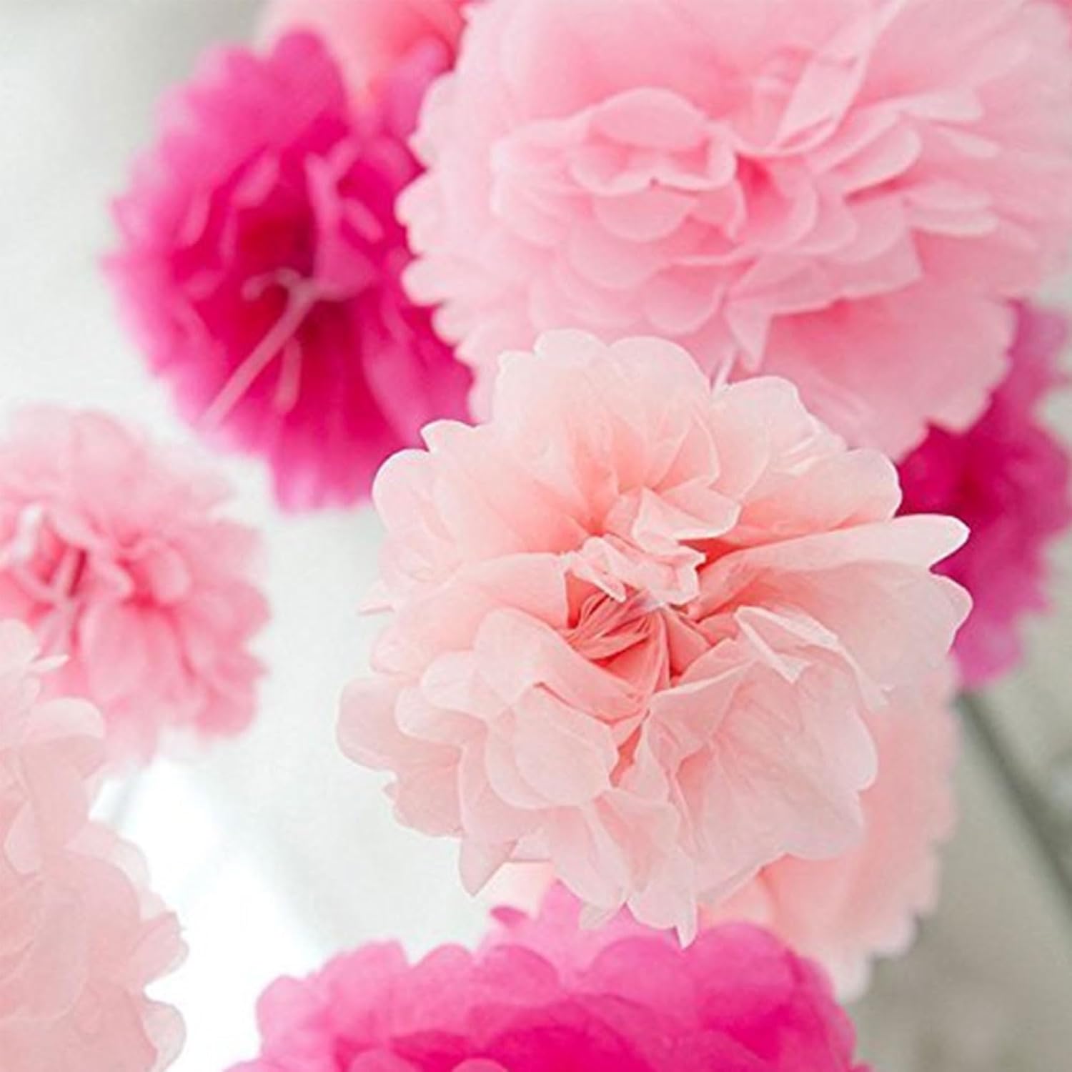 We Moment Hot Pink and Light Pink Paper Pom Poms for Wedding Birthday Party Decoration - Ceiling Wall Hanging Tissue Flowers - 12pcs, 3 Colors of 12 Inch, 10 Inch - Image 5