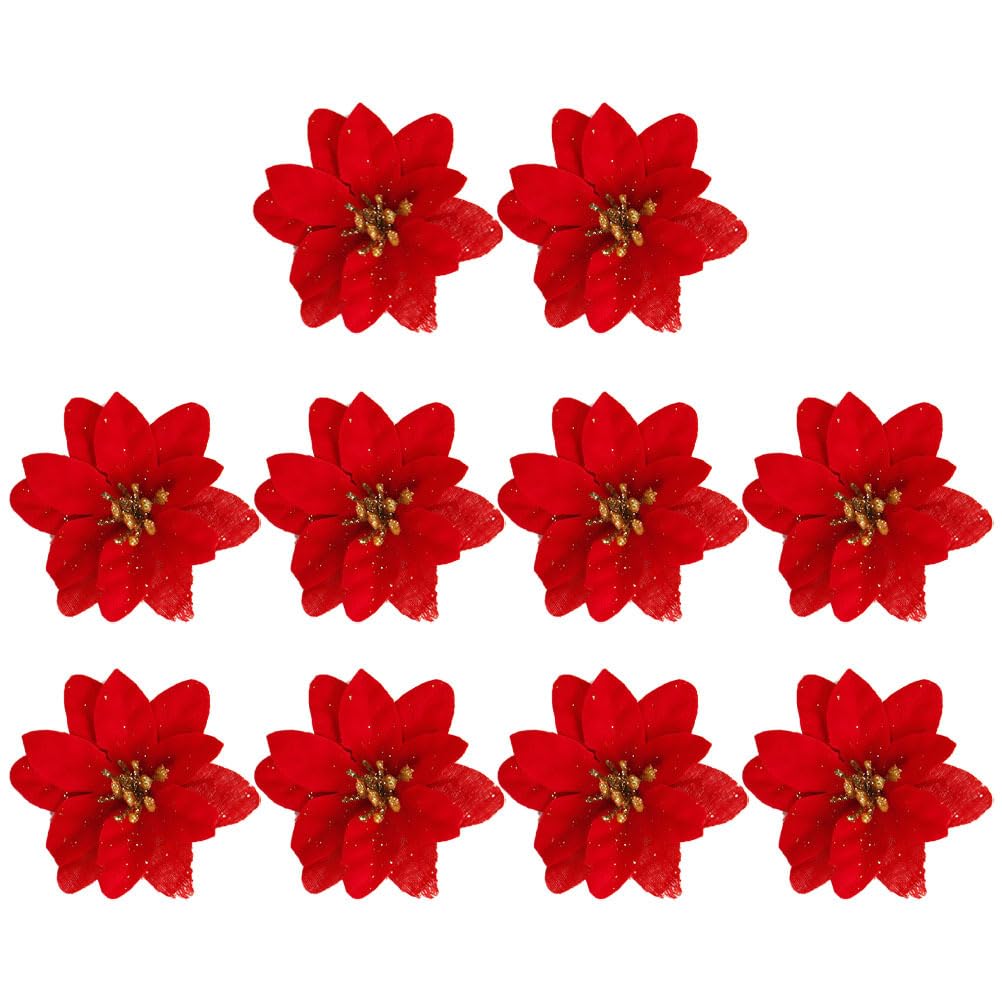 MAGICLULU 10Pcs Christmas Glitter Poinsettia Flowers Poinsettia Flowers Christmas Decor Artificial with Stems Fake Decor Red Artificial Xmas for Xmas Tree Wreath 2.3in
