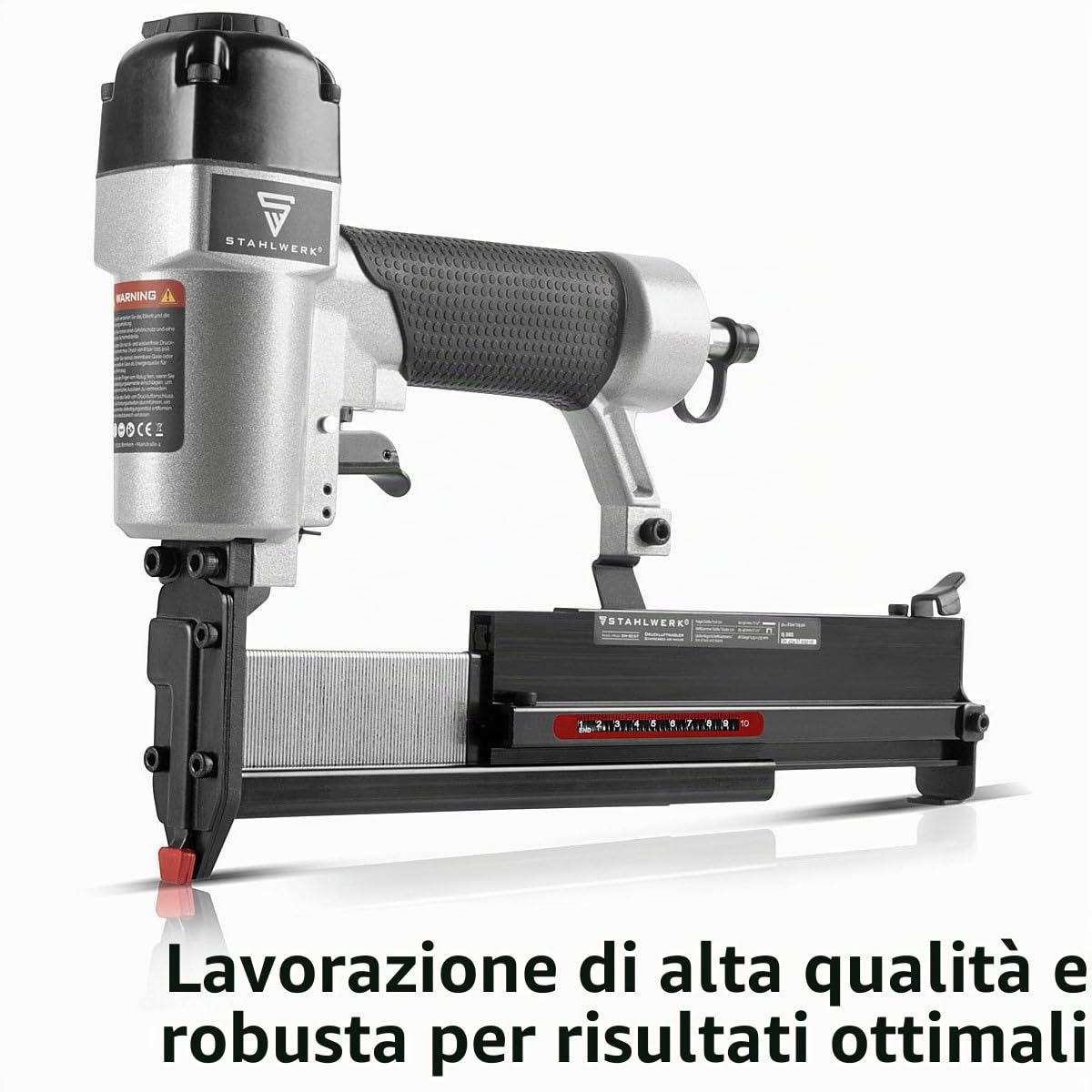 Chiodatrice pneumatica STAHLWERK DN-50 ST 2 in 1 con pressione di lavoro di 5-7 bar, alloggiamento in metallo, adatta per chiodi e aghi da 18, compresi gli accessori e la valigetta di trasporto.
