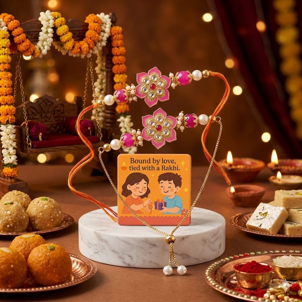 SAUDEEP INDIA Decorative Fridge Magnet for Refrigerator Decor | Couple Rakhi Set for Bhaiya Bhabhi | Raksha Bandhan Gift Combo | Cotton Thread Rakhi Festive Gift Home Decor(Model 5)