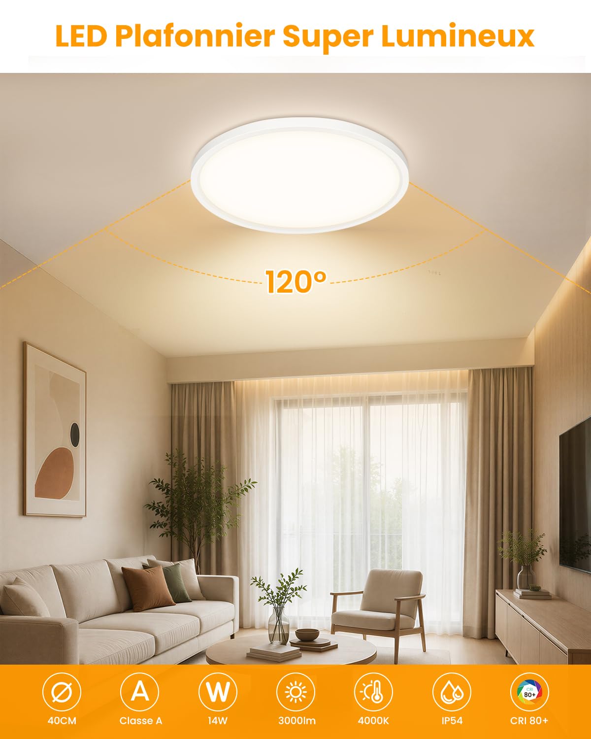 Plafonnier LED 14W, 4000K 3000LM Lampe Plafond, Rond 30CM | Ultra Plat, Étanche IP54, Moderne Éclairage de Plafond pour Cuisine, Chambre, Salle de Bain, Balcon