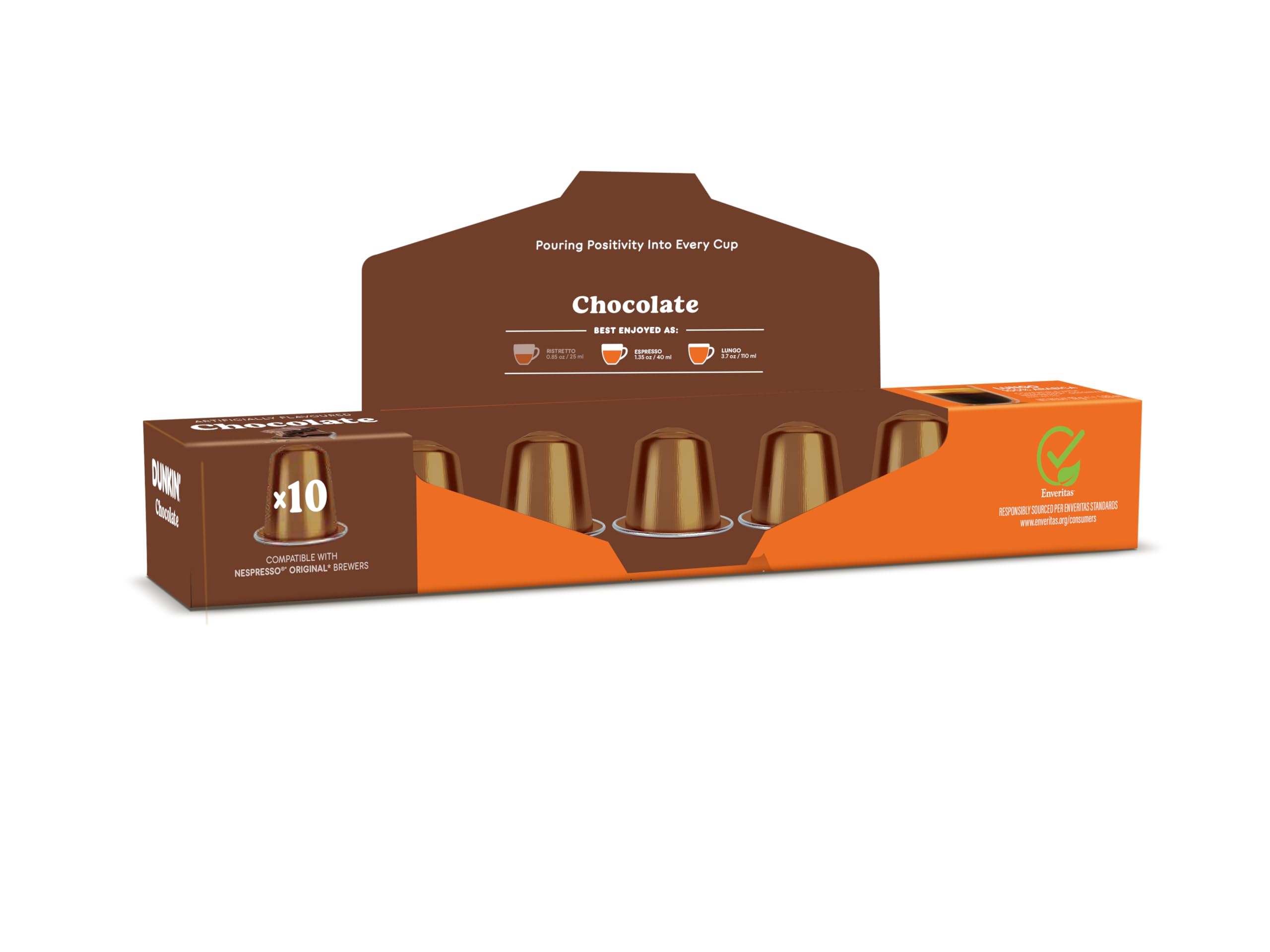 Dunkin' Donuts Chocolate - 120 Cápsulas de Café | Compatible con Nespresso Original Line | 100% Arabica | Tostado dulce con Nota de Chocolate | Cremoso, Aromático y Seductor