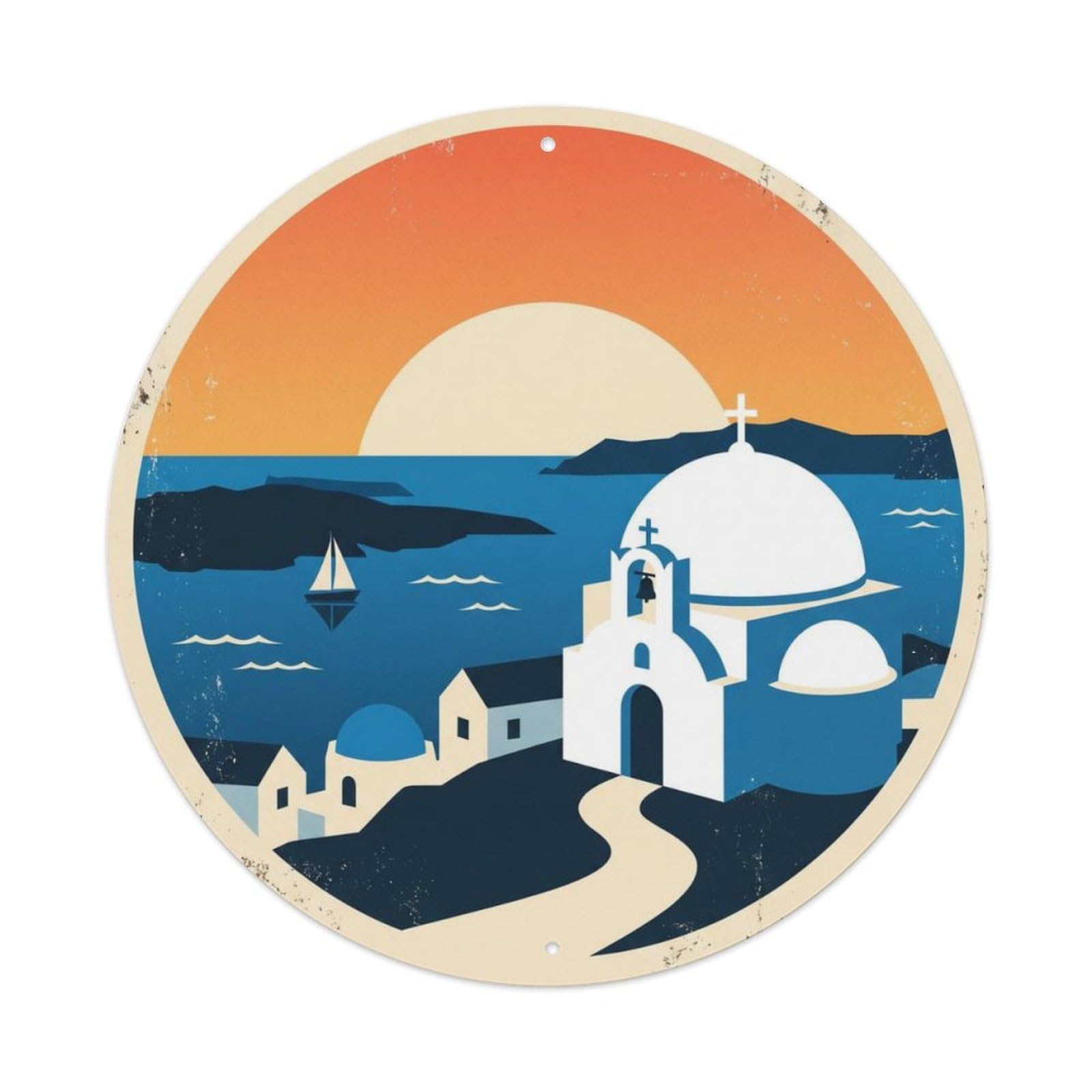 Santorini Sunset Terrace Travel 2 Metal Tin Sign Plaque Wall Decor for Cafe, Club Bar, Office, Home Garden Round Metal Poster 8x8Inch