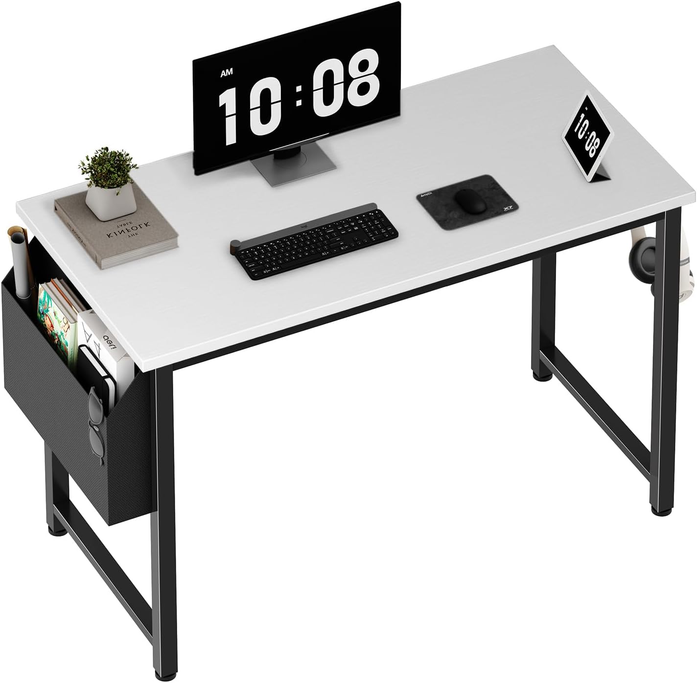 Computer Desk White Writing Table for Small Spaces Home Office 39 Inch Modern Study PC Desk with Storage Bag Hook, White Black