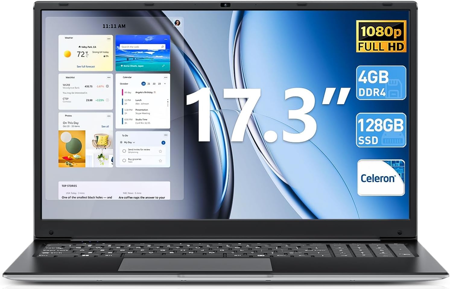Naclud 17.3 Inch Laptop with Core i3 Processor, 4GB DDR3 128GB SSD Ordinateur Portable, Windows 11 Laptops Computer, 8000mAh, Type-C, WiFi 5, USB3.2, HDMI, for Business and Students