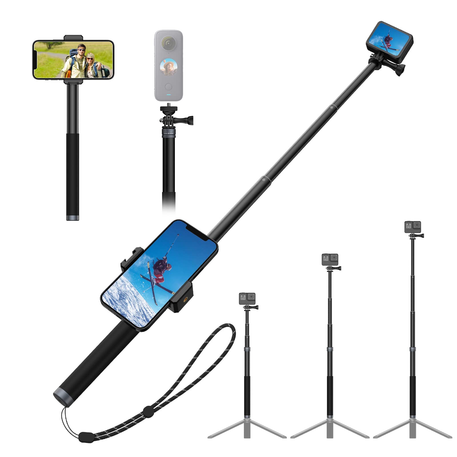 UNIXYZ 36“ Selfie Stick Pole with Phone Clip for GoPro 12 Insta360, Aluminum Waterproof Extension Monopod for Go Pro Mini Max Hero 11 10 9 8 7 6 5 Insta360 X 2 X3 DJI Action 2 3 AKASO Action Camera