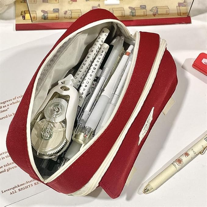 Image of Kawaii Cute Aesthetic Pencil Case for Students | Large Capacity Multi-Pocket Pencil Pouch with Zipper | Cartoon Stationery Organizer Bag for School, College & Office Supplies (So Cute - Red)