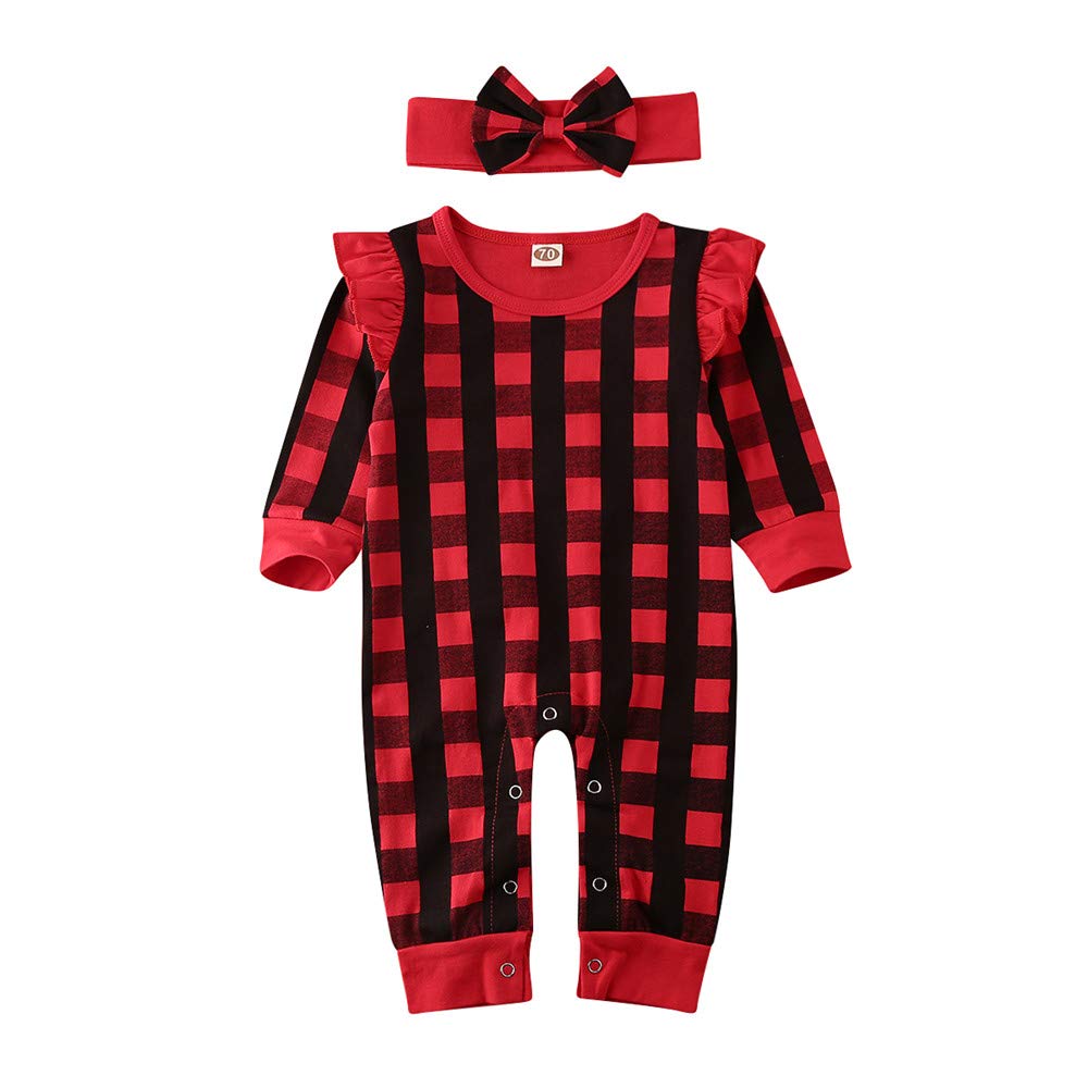 Infant Baby Girls Ruffle Plaid Jumpsuit Romper Long Sleeve One Piece Outfit Fall Winter Christmas Clothes (Ruffle Red Plaid, 3-6 Months)