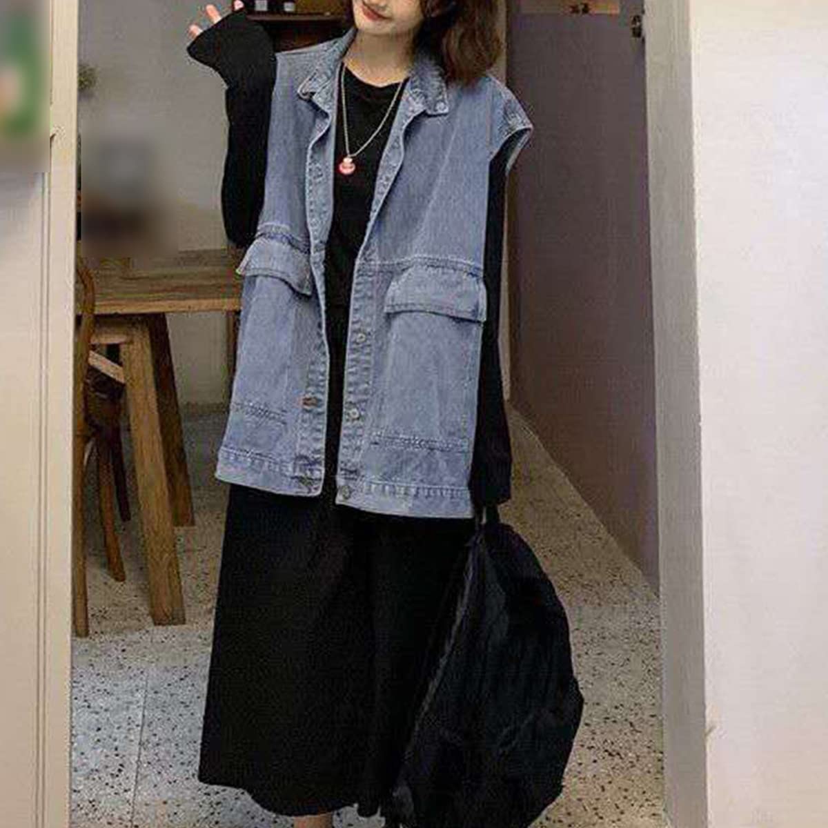 Canotta in denim blu da donna vintage grande tasca nero denim canotta senza maniche cardigan giacca, Blu, XL