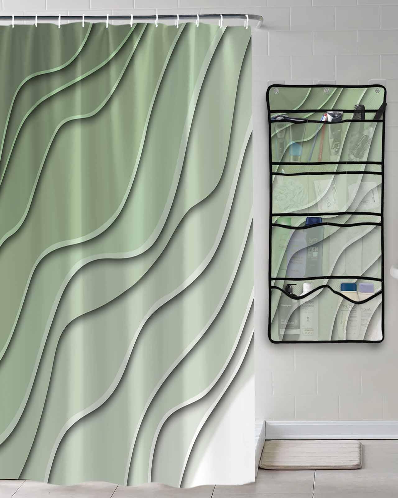 Shower Curtain Mesh Shower Organizer Hanging Set Sage Green Ombre Stripes Geometric Color Gradient Waterproof Shower Curtains with