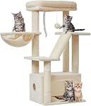 Taoqimiao Cat Tree, Cat Tower for Indoor Cats 38.5Inch=98cm, Suitable for Kittens, with Luxurious Cat Condo, with Adjustable Baskets and Luxurious Perch, Beige MS029SM
