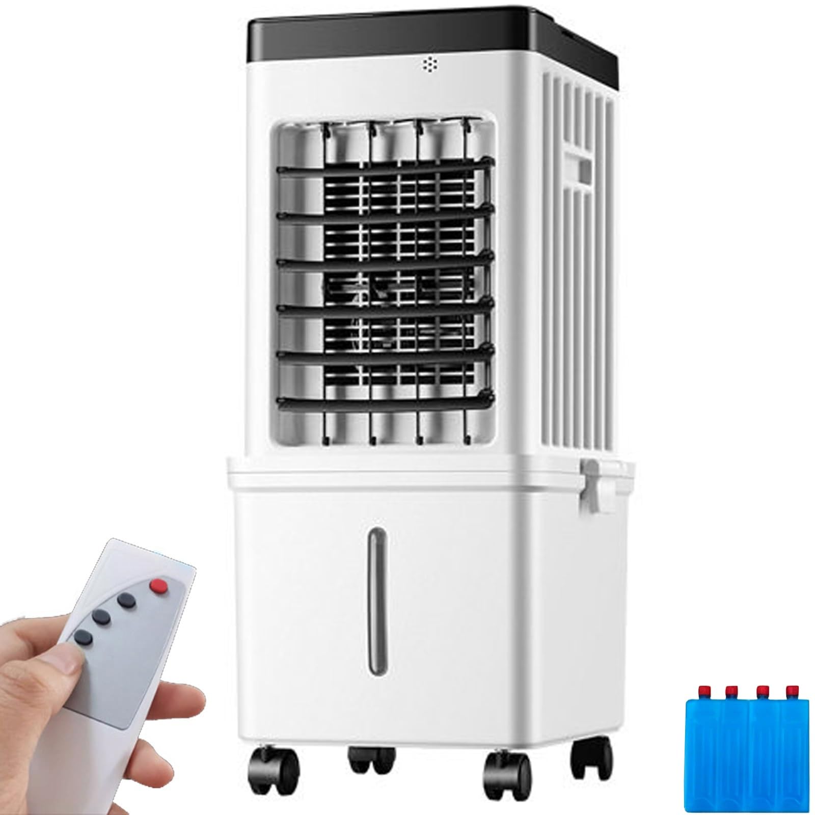 Enfriador de Aire Portatil de 75 W con Control Remoto y 4 Cristales de Hielo, Depósito de 15 L, 3 Velocidades, Temporizador de 7,5 Horas, para el Hogar, Dormitorio y Oficina, 60x27x23cm