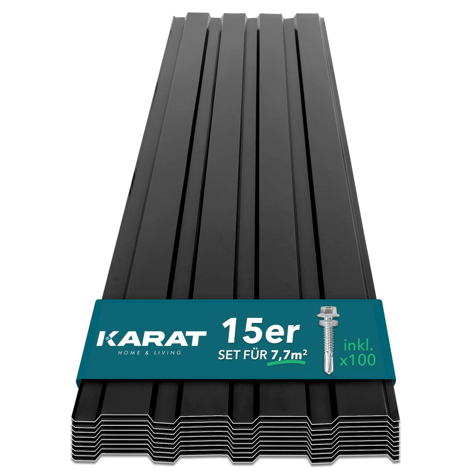 KARAT - 15 piezas de chapa trapezoidal de 115 x 45 cm - Juego de perfilada con tornillos - 7,7 m² - Grosor 0,25 mm - Chapa de techo de acero - Revestimiento de pared (Negro)