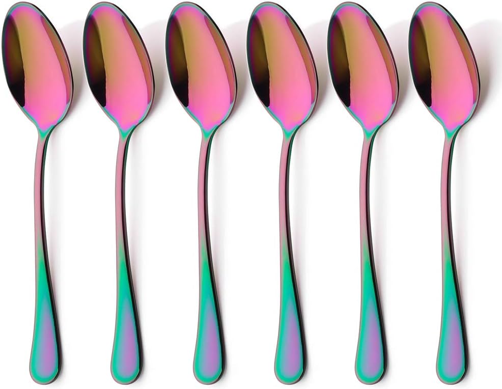 6 Piece Dinner Spoon Set Rainbow Multicolor Stainless Steel Table Soup Dessert Spoon Silverware Flatware Utensil Cutlery Set Service for 6 Mirror Finish Dishwasher Safe 7.2 Inches