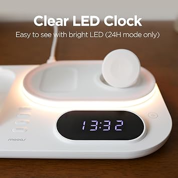 mooas 4 in 1 Fast Wireless Charger Charging Station Nightlight LED Clock