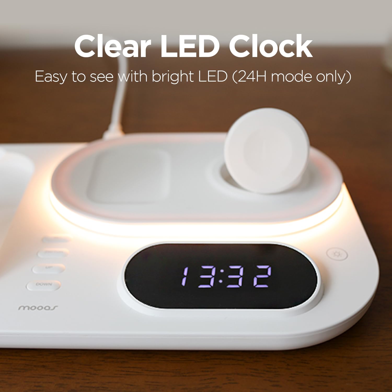 mooas Orologio 4 in 1 con ricarica wireless veloce, stazione di ricarica wireless con orologio LED, compatibile con iPhone 12, Galaxy S22, LG V50 e più recenti, Airpods, Galaxy Buds, Apple Watch