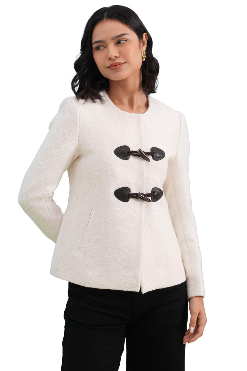 crimsoune club Women's White Textured Toggle Detail Coat-picture-15