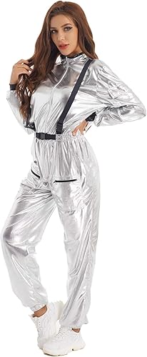 Sywiyi Disfraz de astronauta para adultos, para mujeres y hombres, con cremallera metálica brillante, traje espacial plateado