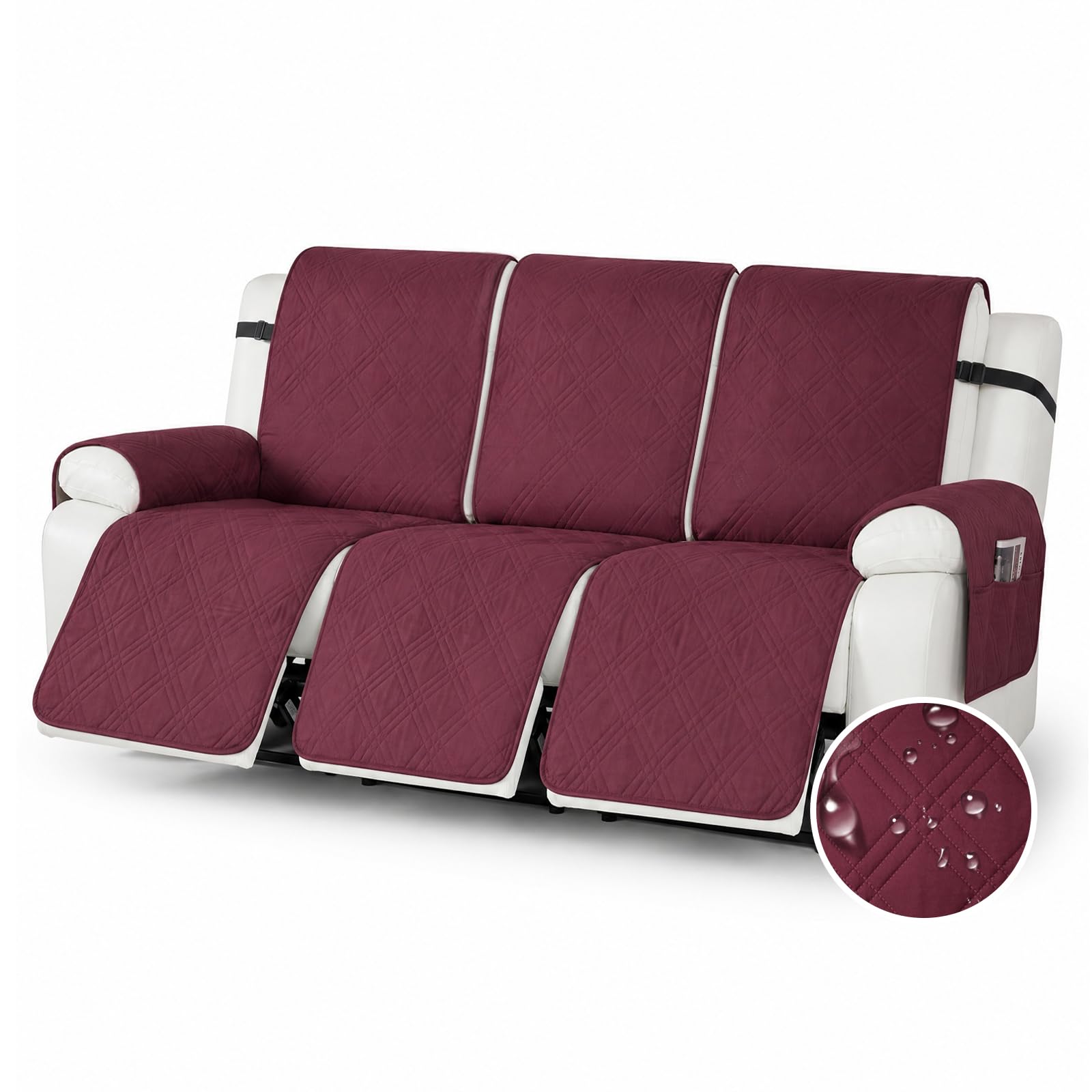 YushengTai Armchair Covers, 100% Waterproof, Anti-Slip, 3 Seater Recliner Chair Cover, Chair Covers for Armchairs with 4 Pockets, 3 Adjustable Straps (Red)