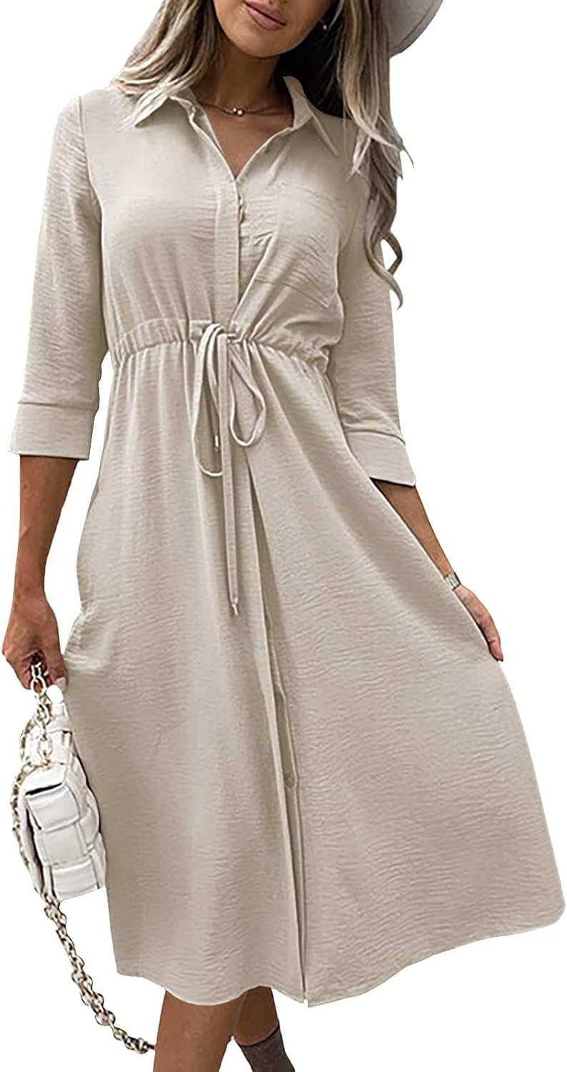 Febriajuce Women's 3/4 Sleeve Midi Dress Casual Drawstring Belted Round Neck Plain Tie Waist Loose High Waist Long Dress