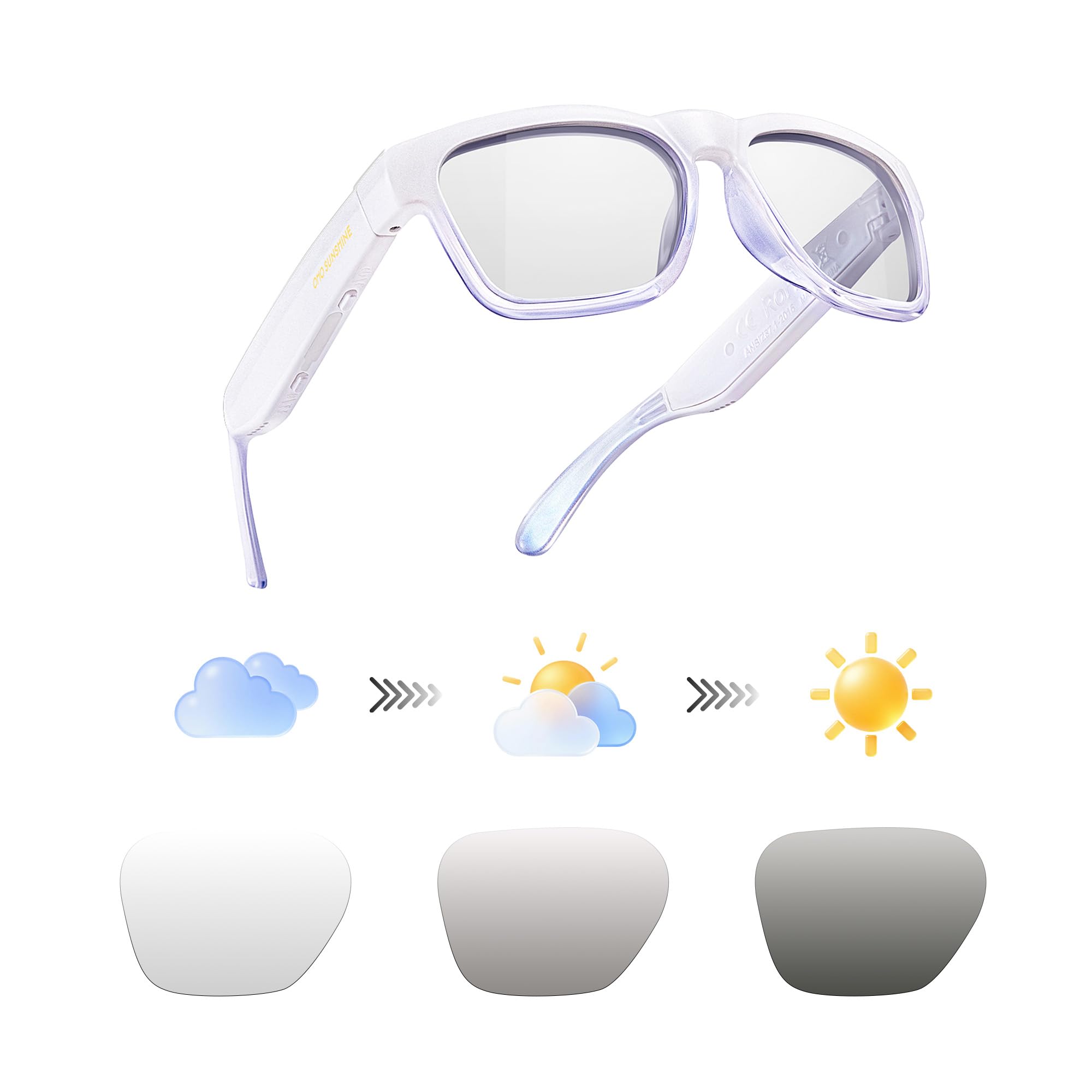 OhO sunshine Audio Sunglasses,Voice Control, Open Ear Style Listen Music and Calls with Volumn UP and Down, Bluetooth 5.2 Smart Glasses IP44 Waterproof Feature for Outdoor Sports