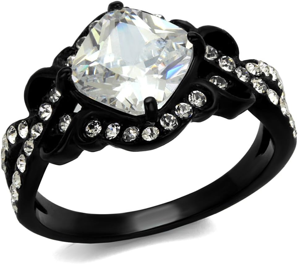 Marimor Jewelry 2.28 Carat Cushion Cut Cubic Zirconia Stainless Steel Black Engagement Ring Women's Size 5-10