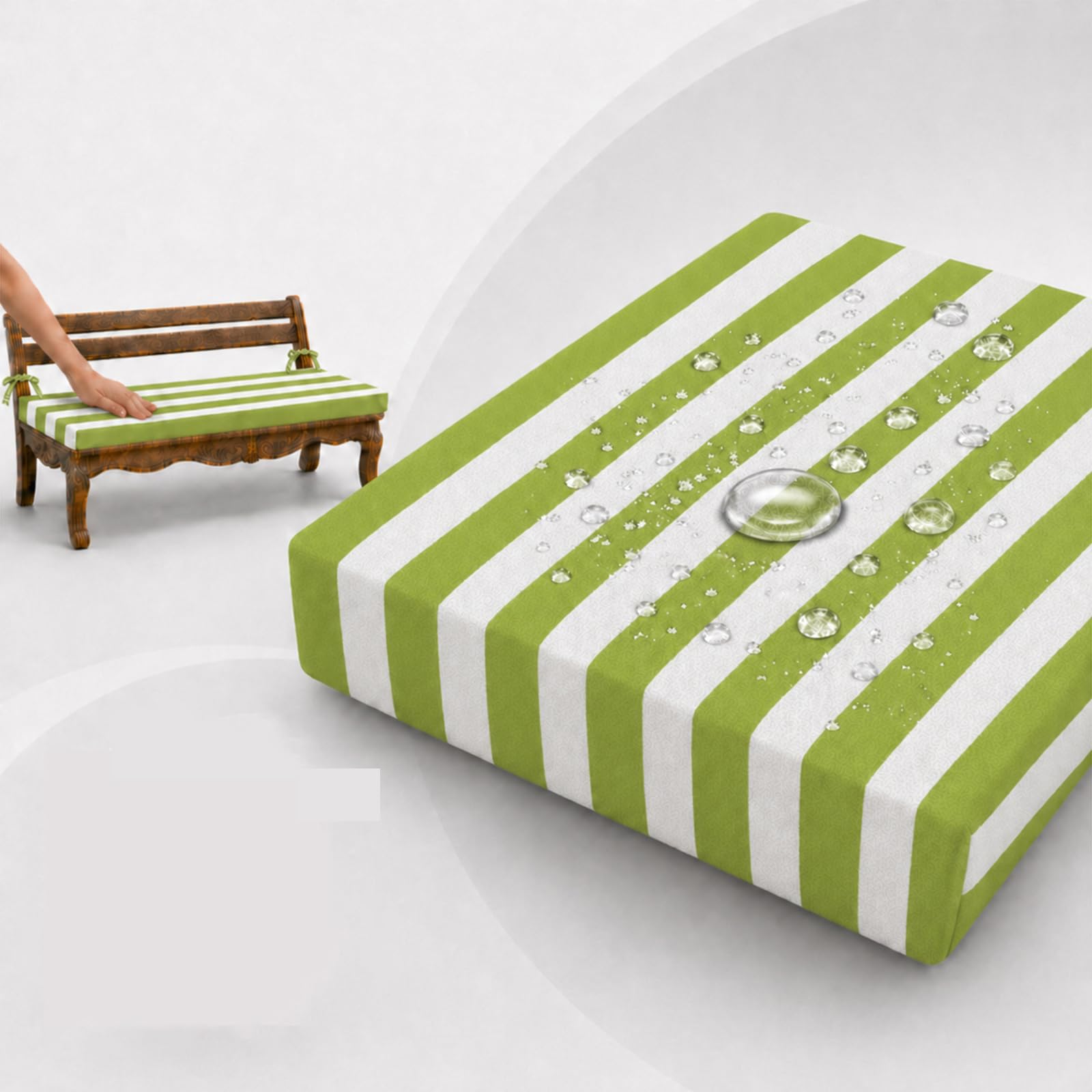 AZMAHT Waterproof Outdoor Cushions, Resilient Bench Cushion with 50D Foam, 5cm Garden Cushions for Garden Furniture Cushions, Removable Cover for Patio, Terrace & Balcony,green stripes,80x30x5cm