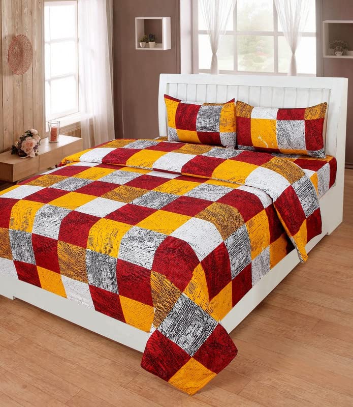 Aypniess Prime Collection 144TC 3D Printed Polycotton Double Bedsheet with 2 Pillow Covers (Multicolour, Size 87 x 87 Inch) - Red & Yellow Checks 3D-M
