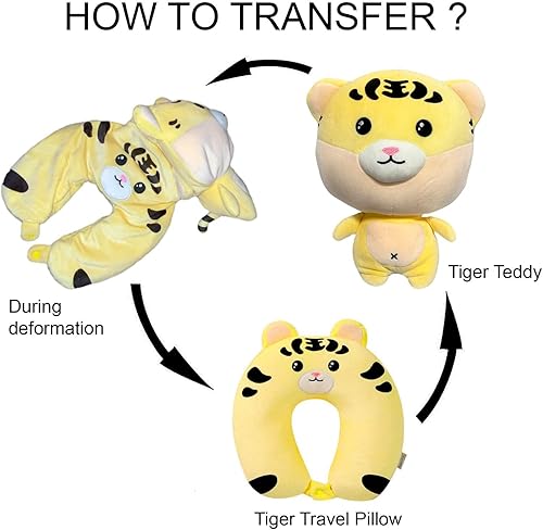 Miniatura 3 de Almohada de cuello de viaje 2 en 1 de tigre que se transforma en suave y adorable animal de peluche, la máxima comodidad de viaje para niños,
