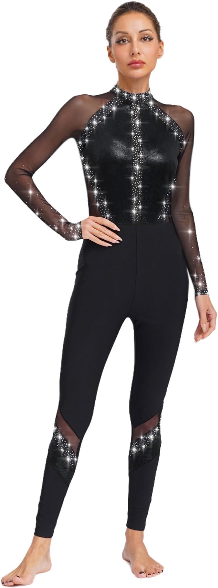 Gymnastics Leotards for Women Color Block Ballet Dance Bodysuit Shiny Figure Skating Jumpsuit