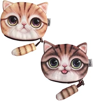 2 Pcs Cat Face Coin Purse Cute Animal Zipper Plush Wallet Small Coin Pouch Cosmetic Bag for Women Gift Bag Yellow