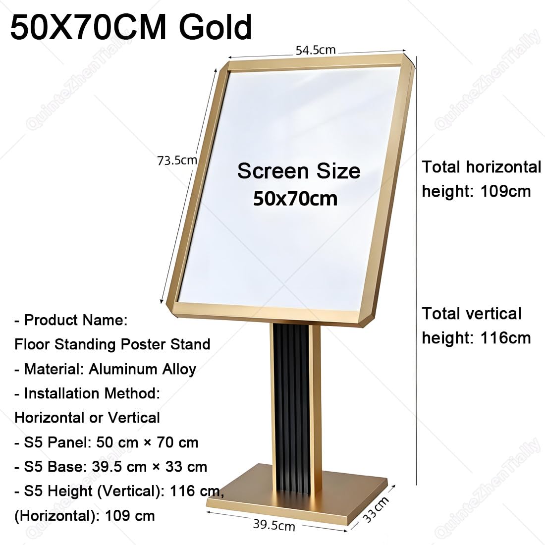 Duży Pionowy Poziomy Regulowany Stojak Menu Gold-50x70cm | Wytrzymały Stojak Plakaty Podłogowy,Łatwo Otwierana Górna Pokrywa Umożliwiająca Szybkie Łatwe Wkładanie Lub Wymianę Plakatów